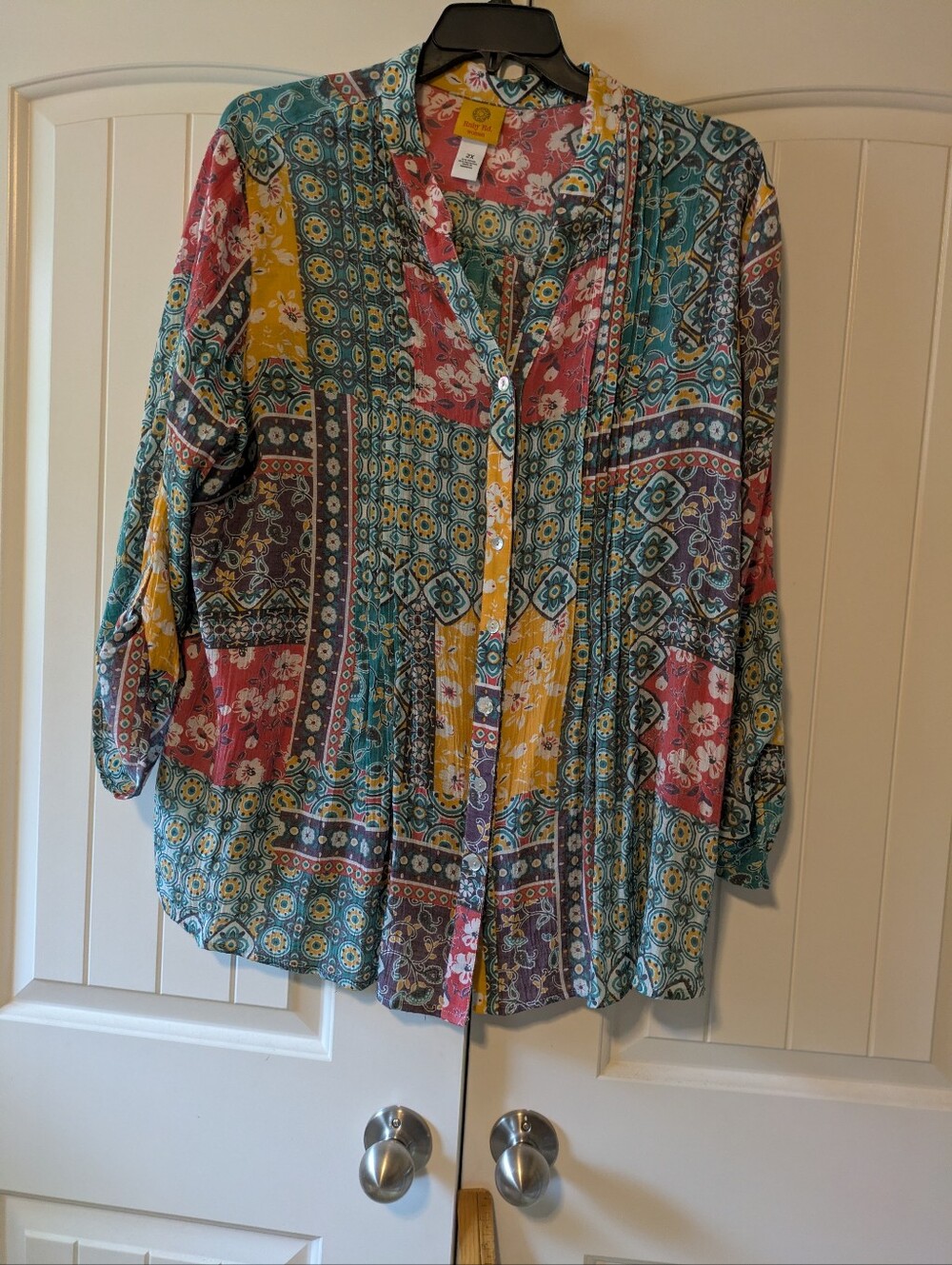 Ruby Rd Button Up Front V Neck Patchwork Top